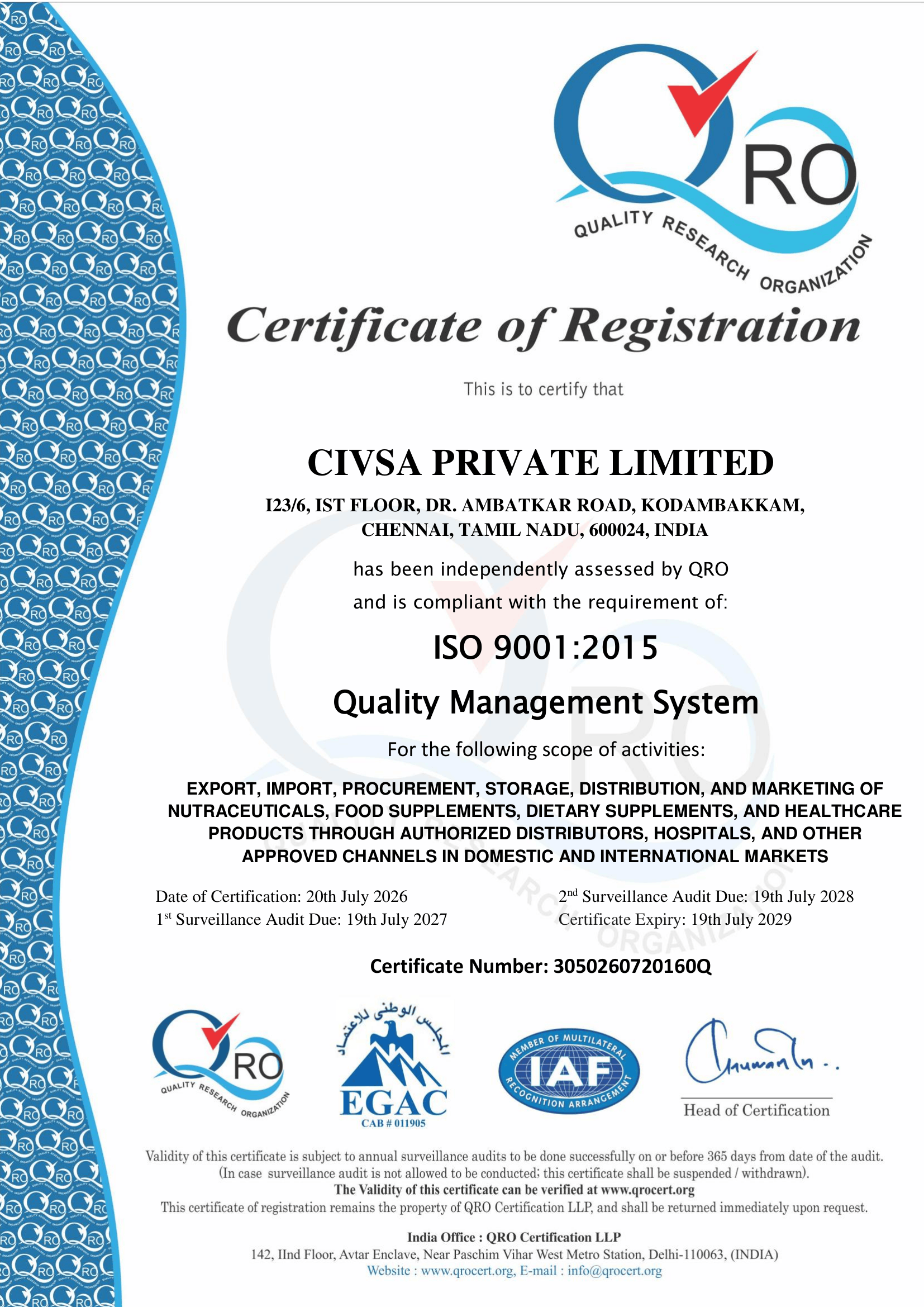 CIVSA Private Limited ISO 9001:2015 Certificate